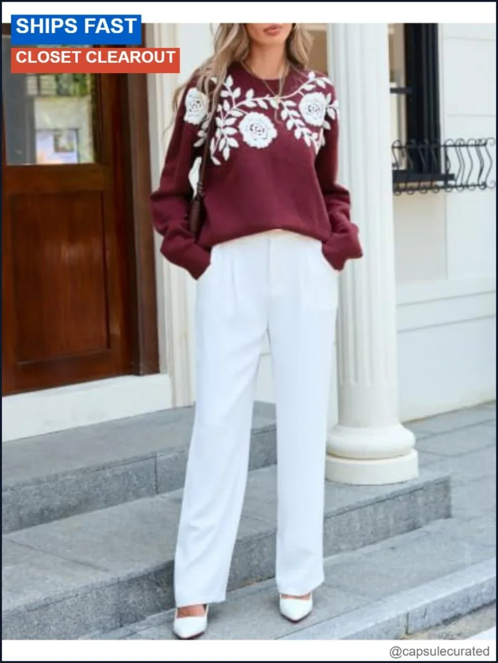Womens Crew Neck Floral Embroidery Sweater Long Sleeve Knit Top